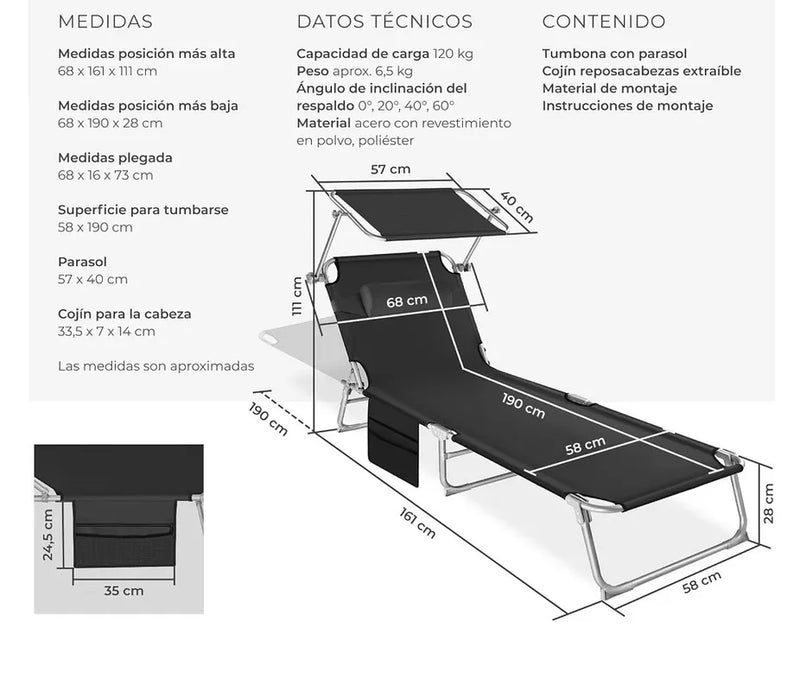 Tumbona plegable con reposacabezas