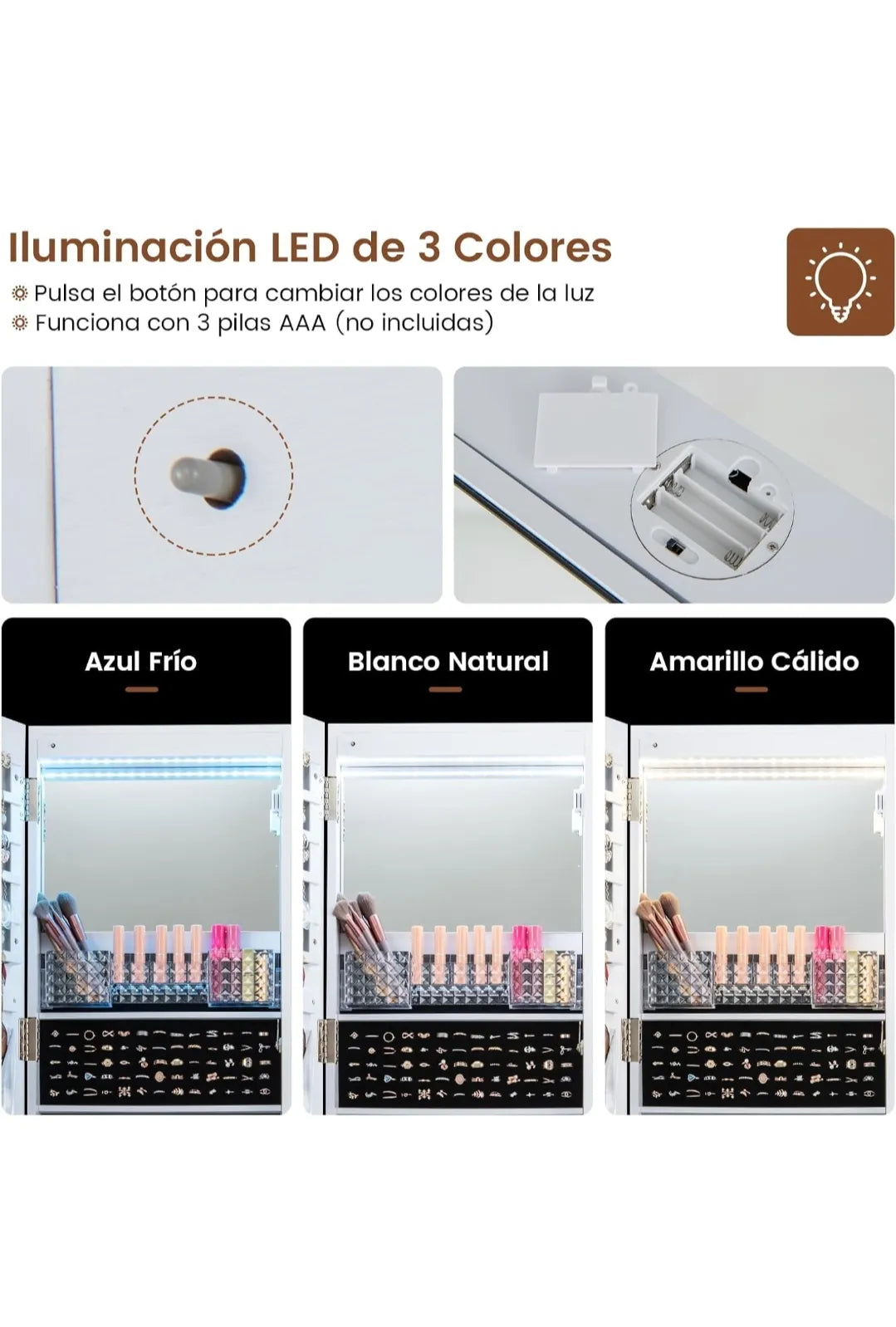 Espejo Joyero de Pie con 4 Ruedas Giratorias 360°