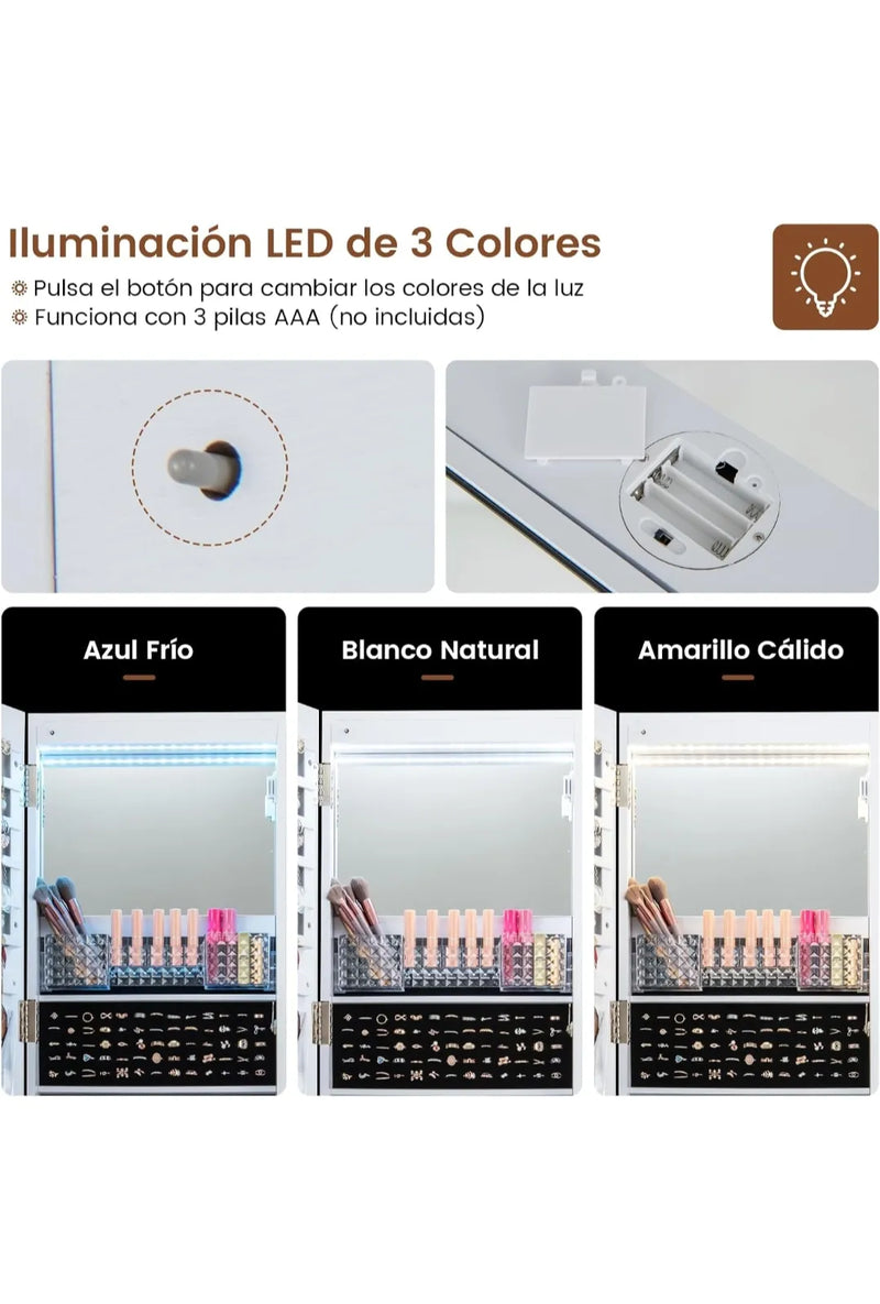 Espejo Joyero de Pie con 4 Ruedas Giratorias 360°