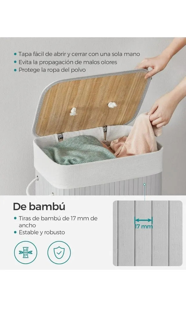 Cesta de lavandería con tapa, de bambú, plegable