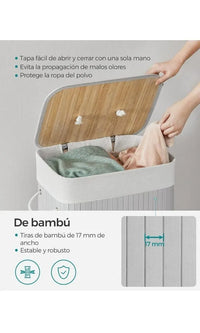 Cesta de lavandería con tapa, de bambú, plegable