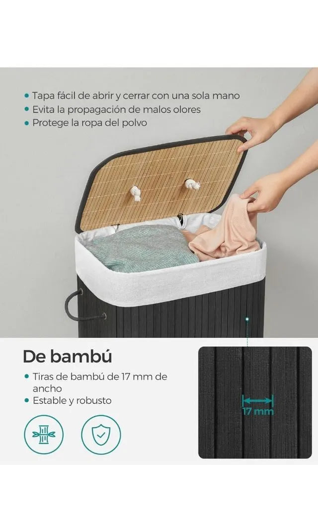 Cesta de lavandería con tapa, de bambú, plegable