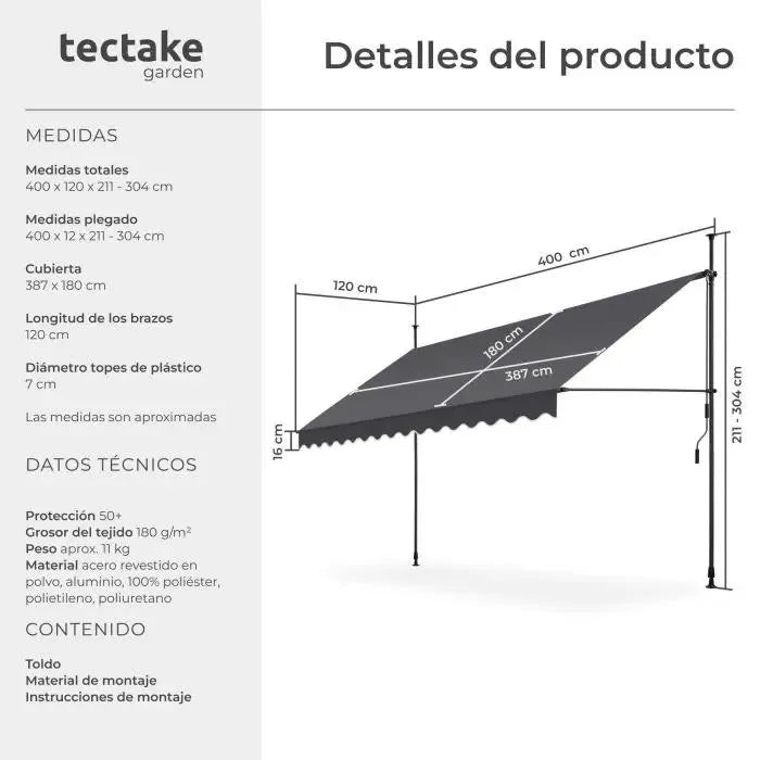 Toldo plegable para balcón 400x180