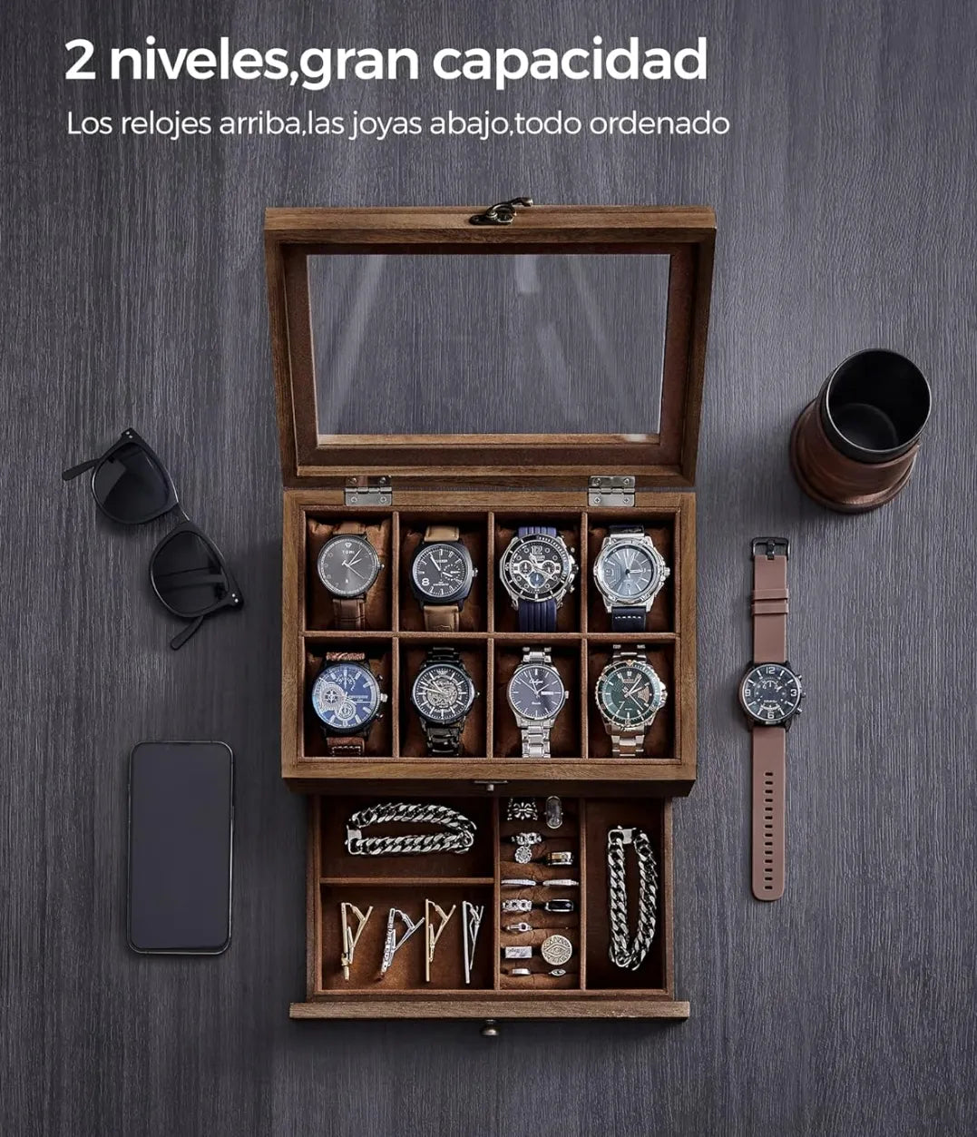 Caja de relojes con 8 ranuras