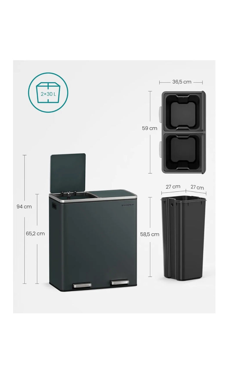 Cubo de Basura, 2 x 30 L, 2 Cubos, Reciclaje, Pedal de Metal