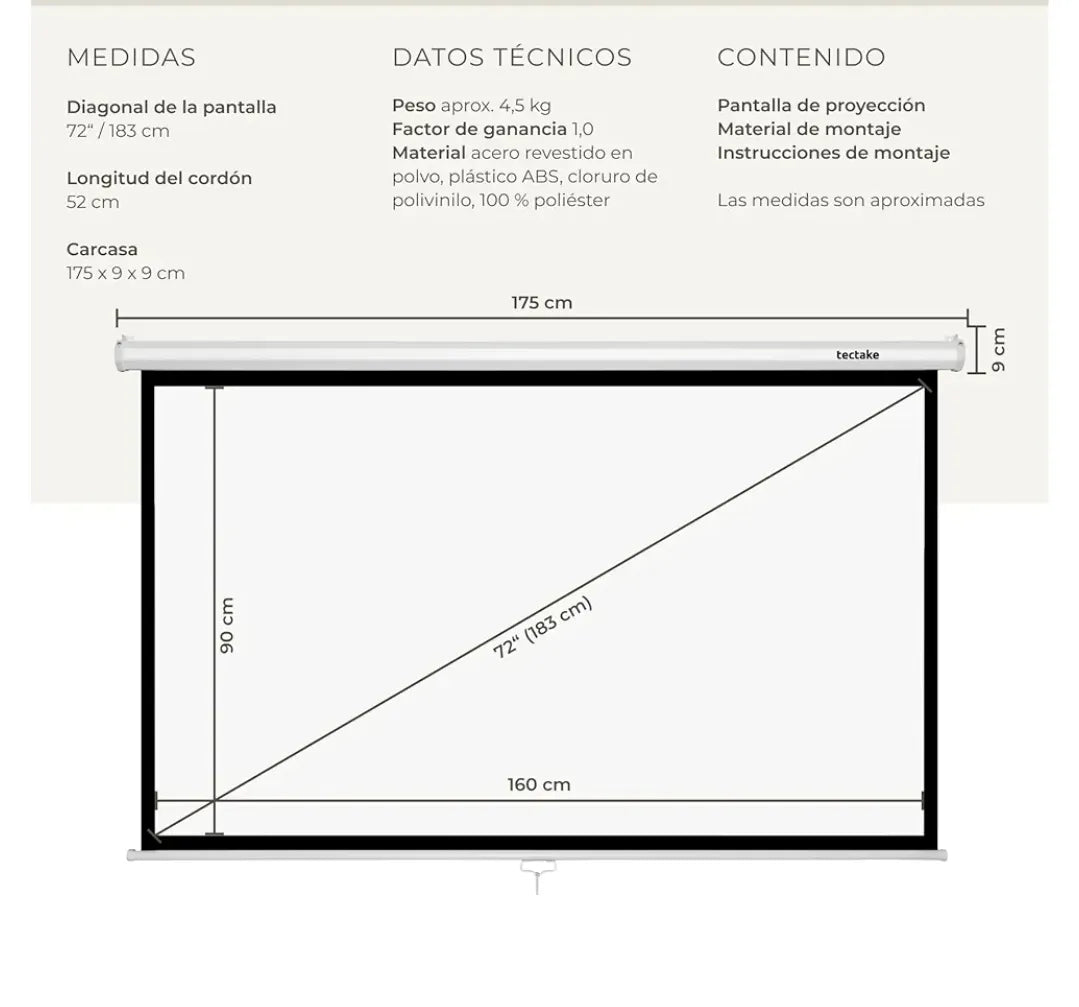 Pantalla Proyector Enrollable 72 Pulgadas16:9