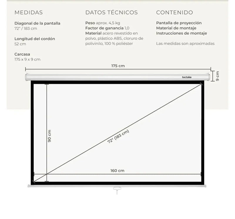 Pantalla Proyector Enrollable 72 Pulgadas16:9