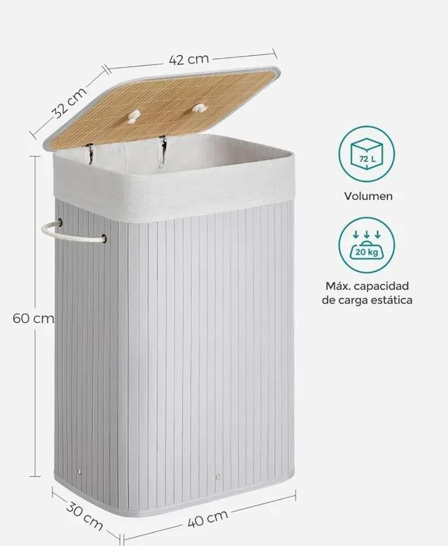 Cesta de lavandería con tapa, de bambú, plegable, con bolsa extraíble