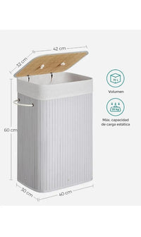 Cesta de lavandería con tapa, de bambú, plegable