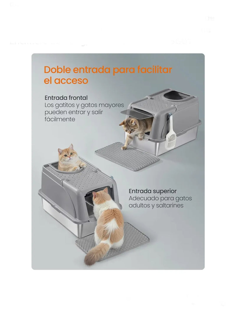 Caja de Arena de Acero Inoxidable para Gatos con Tapa Abatible