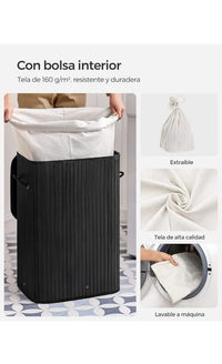 Cesta de lavandería con tapa, de bambú, plegable