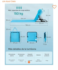 Tumbona de Playa 158 x 55 cm Azul Cielo