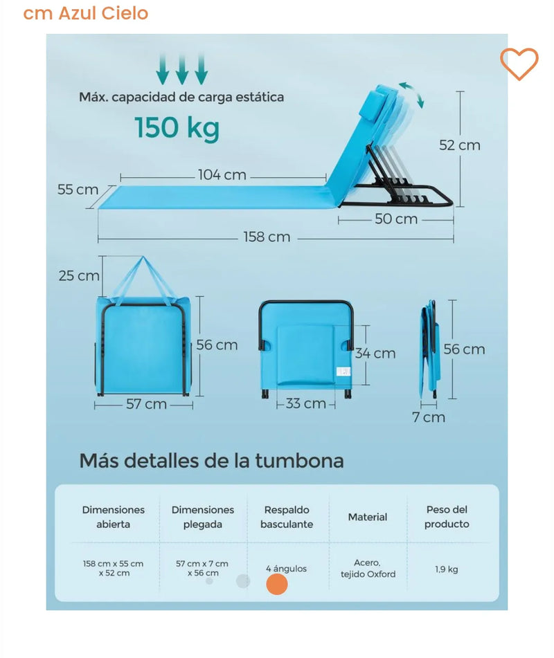 Tumbona de Playa 158 x 55 cm Azul Cielo