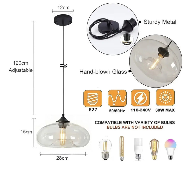 Lámpara Colgante de Techo con Pantalla de Vidrio de 28cm