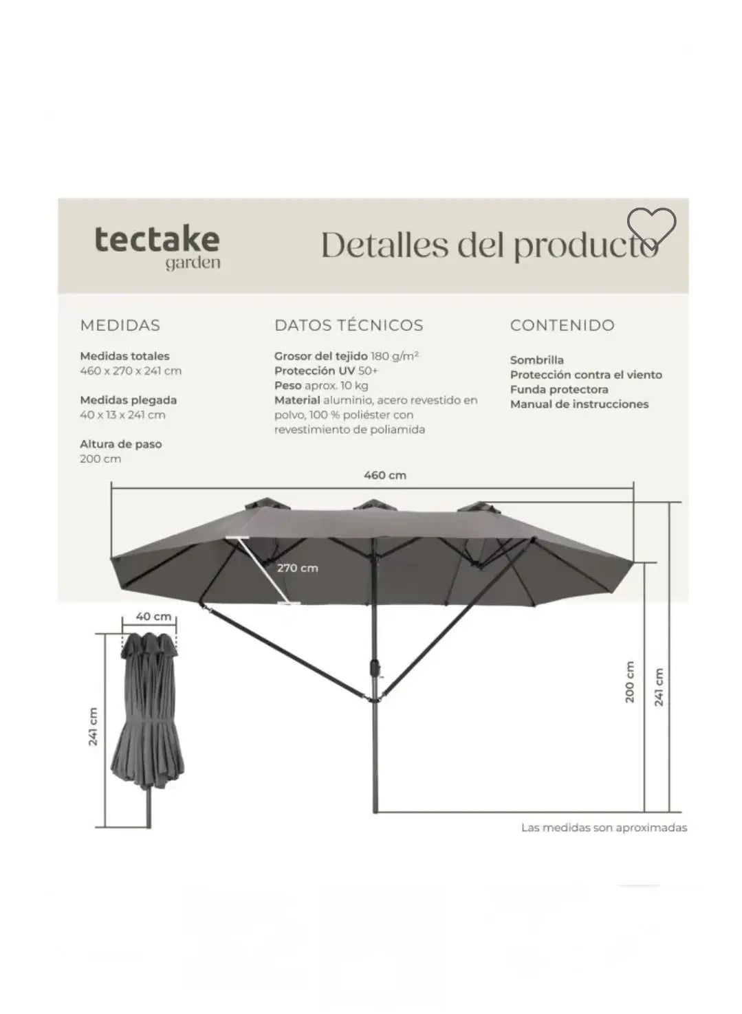 Sombrilla con tres partes SILIA gris  460 x 270 cm