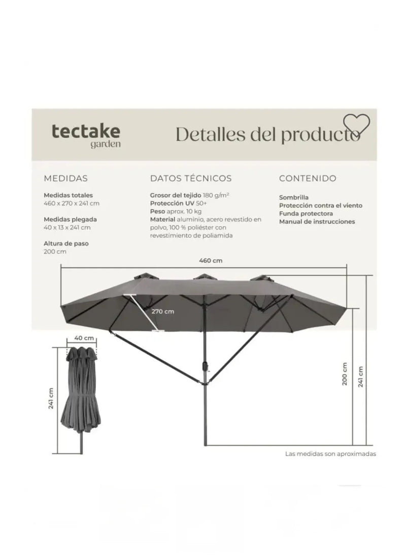 Sombrilla con tres partes SILIA gris  460 x 270 cm