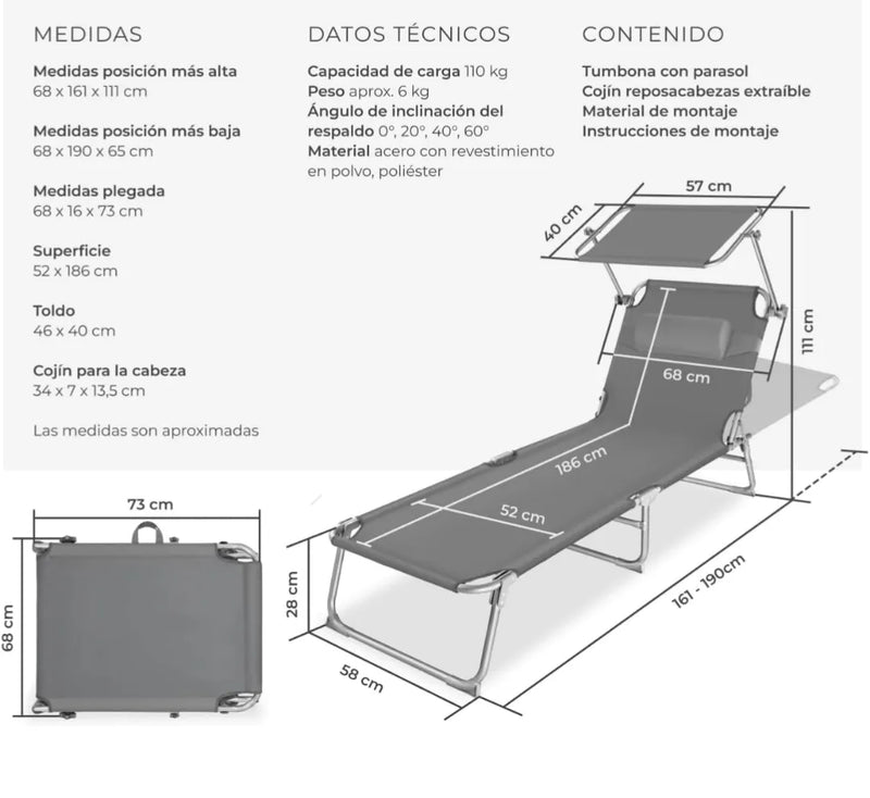 Tumbona Plegable con Toldo y Respaldo Regulables