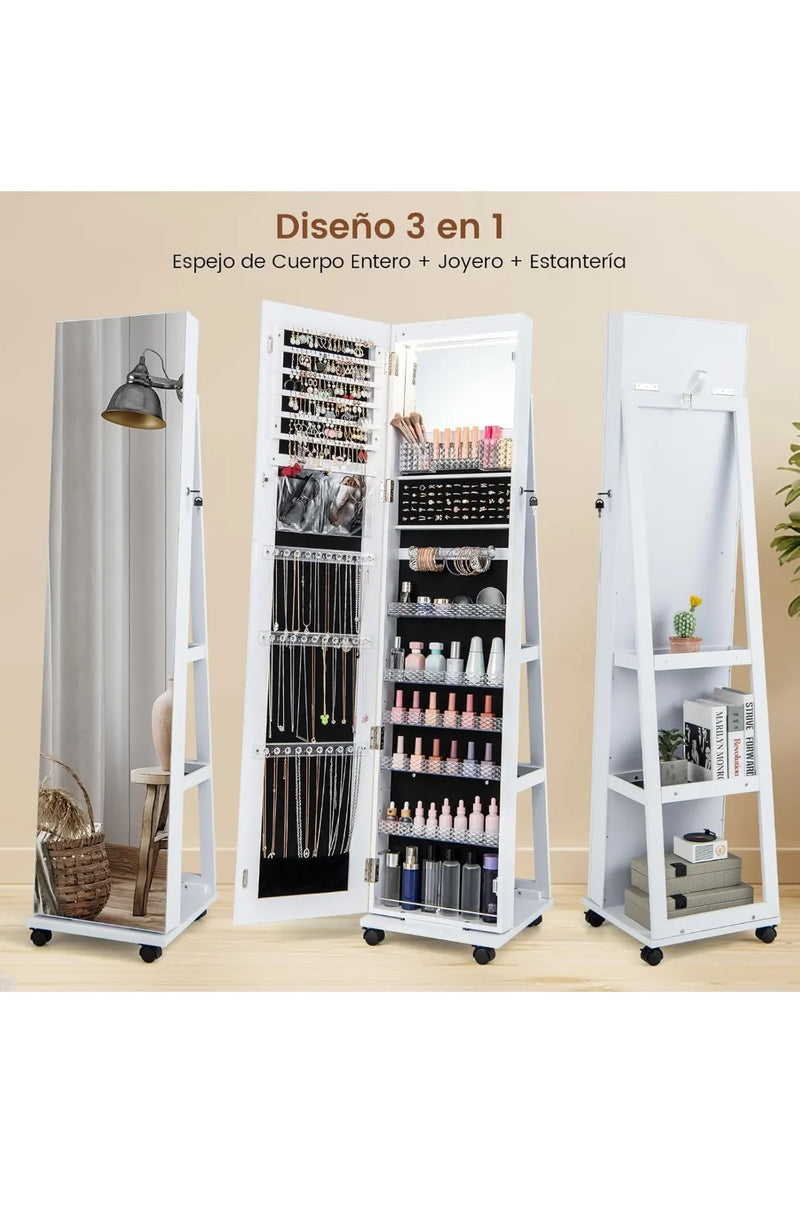 Espejo Joyero de Pie con 4 Ruedas Giratorias 360°