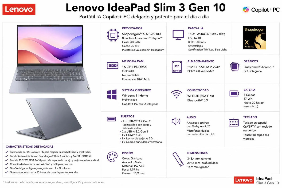 Portátil Lenovo IdeaPad Slim 3 Gen 10 snapdragon