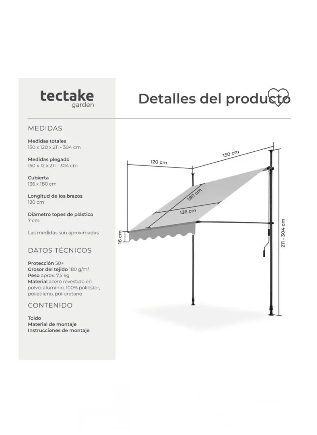 Toldo plegable para balcón 150cm