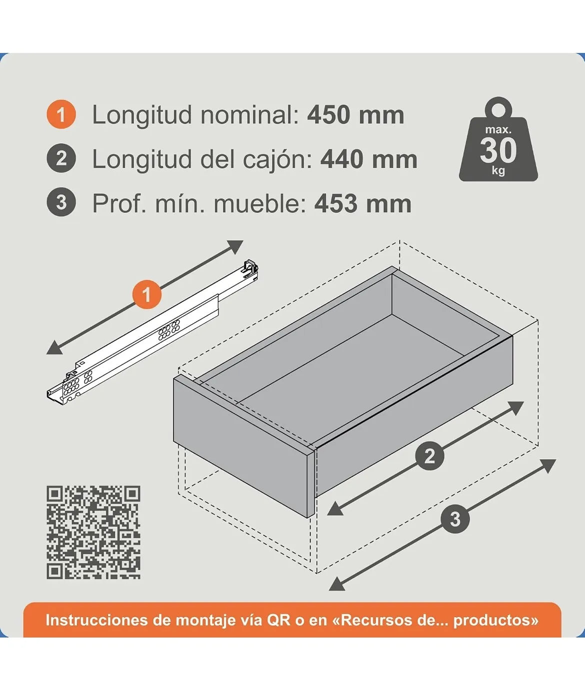 Guía oculta invisible bajo el cajón 450 cm blum