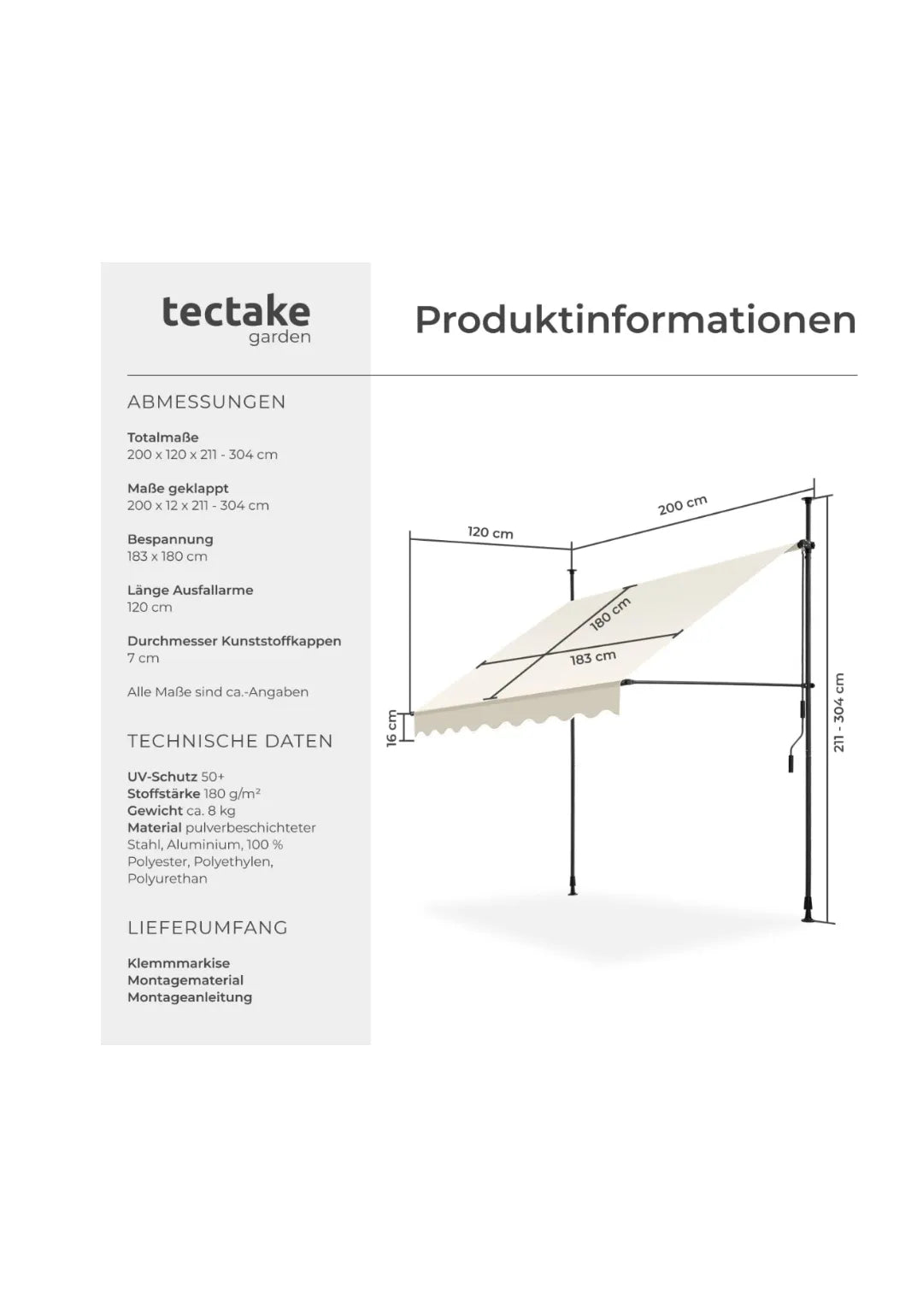 Toldo tectake® con manivela, de fácil instalación, para balcón, 200cm