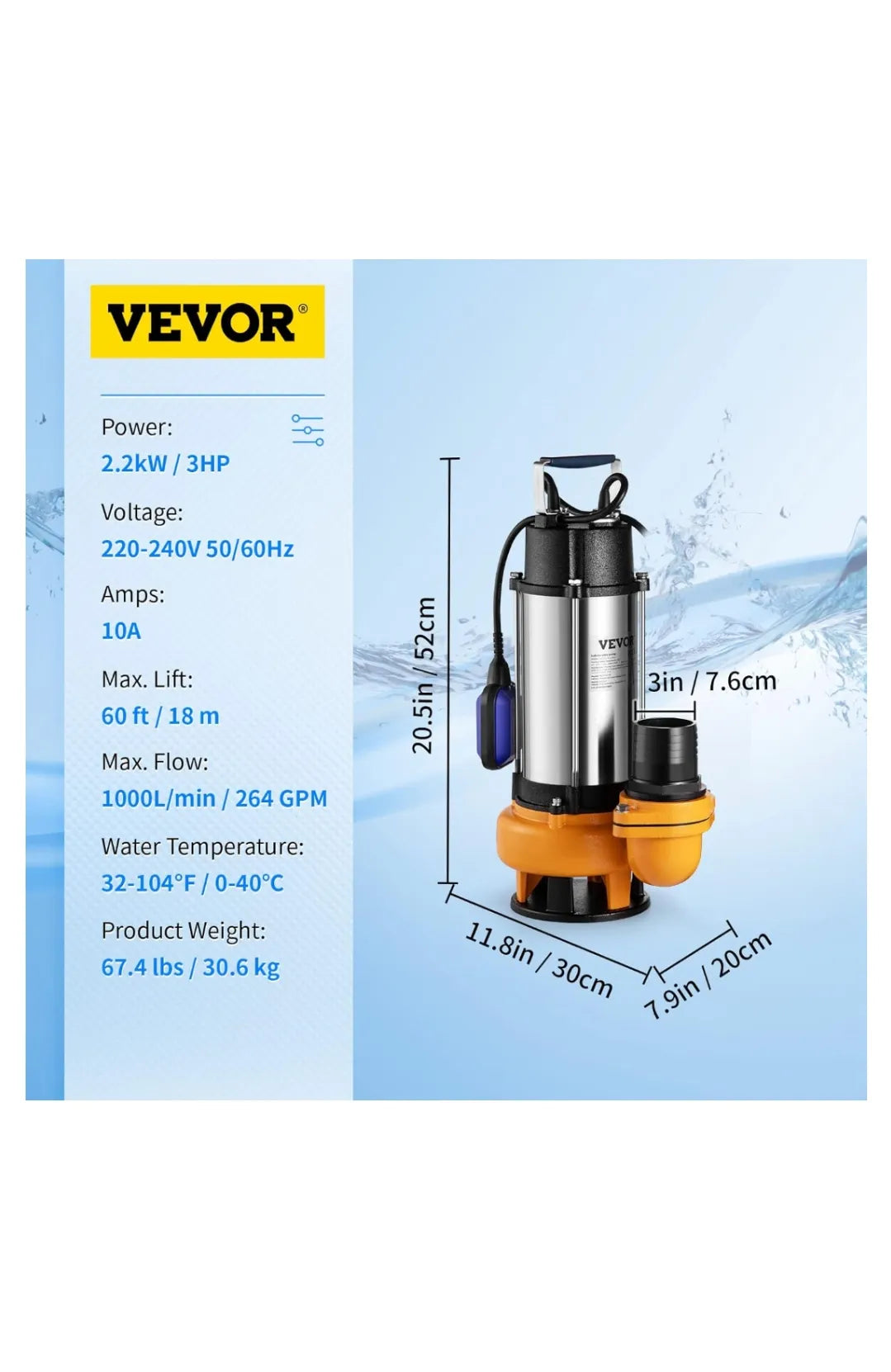 Bomba Sumergible de Aguas Residuales 230V, 60000L/H