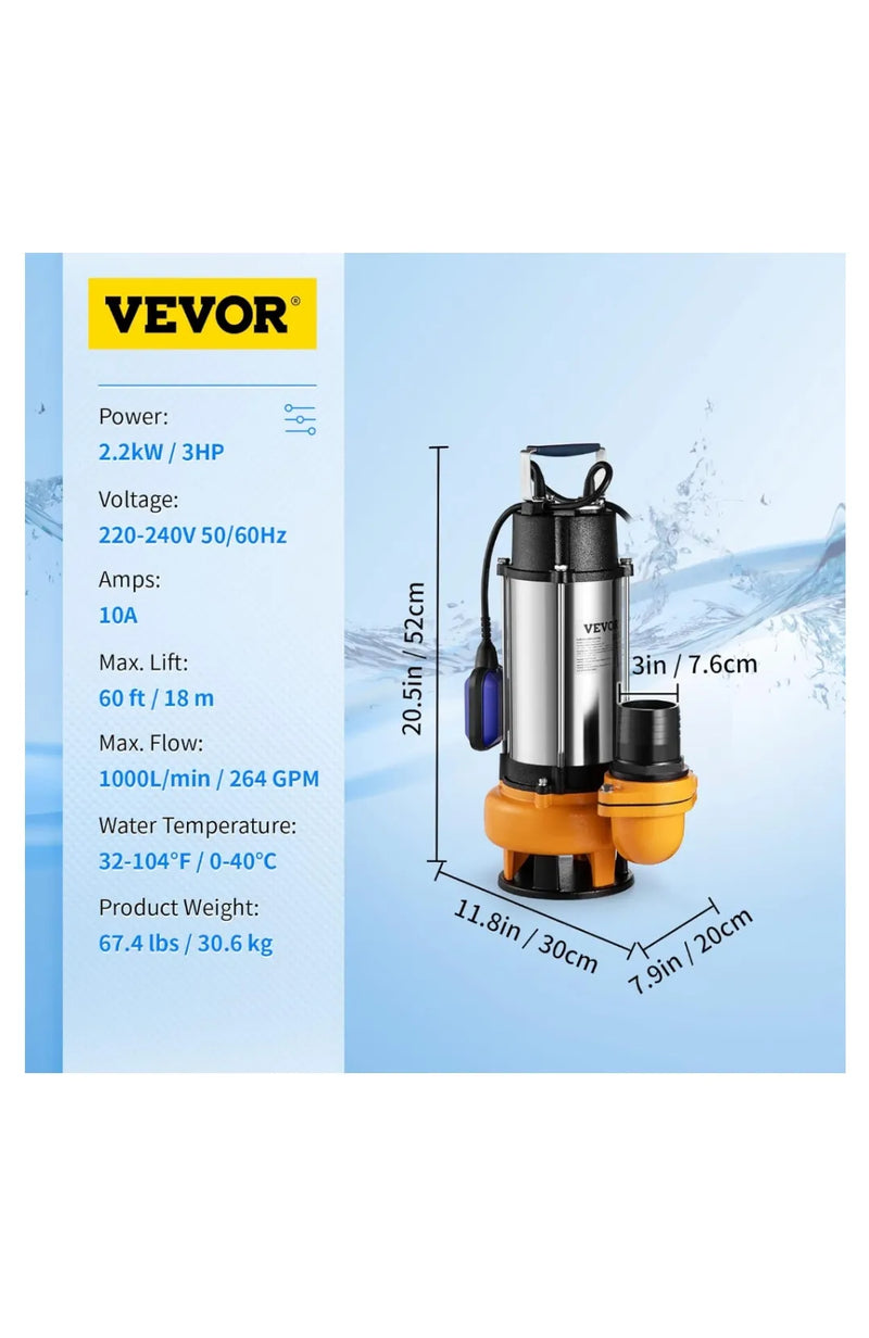 Bomba Sumergible de Aguas Residuales 230V, 60000L/H
