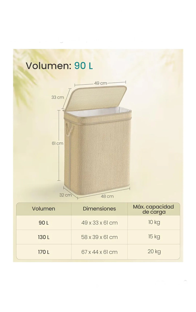 Cesto de ropa, cesto de ropa de bambú, 90 L