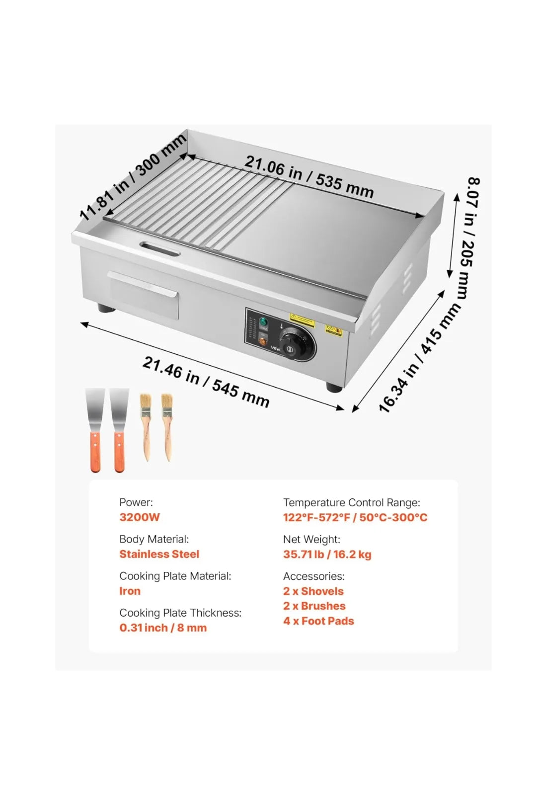 Plancha Eléctrica, 3200 W, Control de Temperatura Ajustable 50 a 300 °C