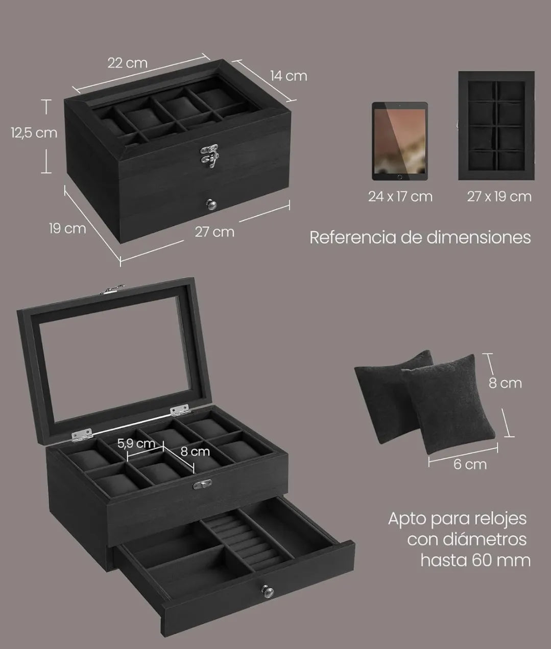 Caja de relojes con 8 ranuras