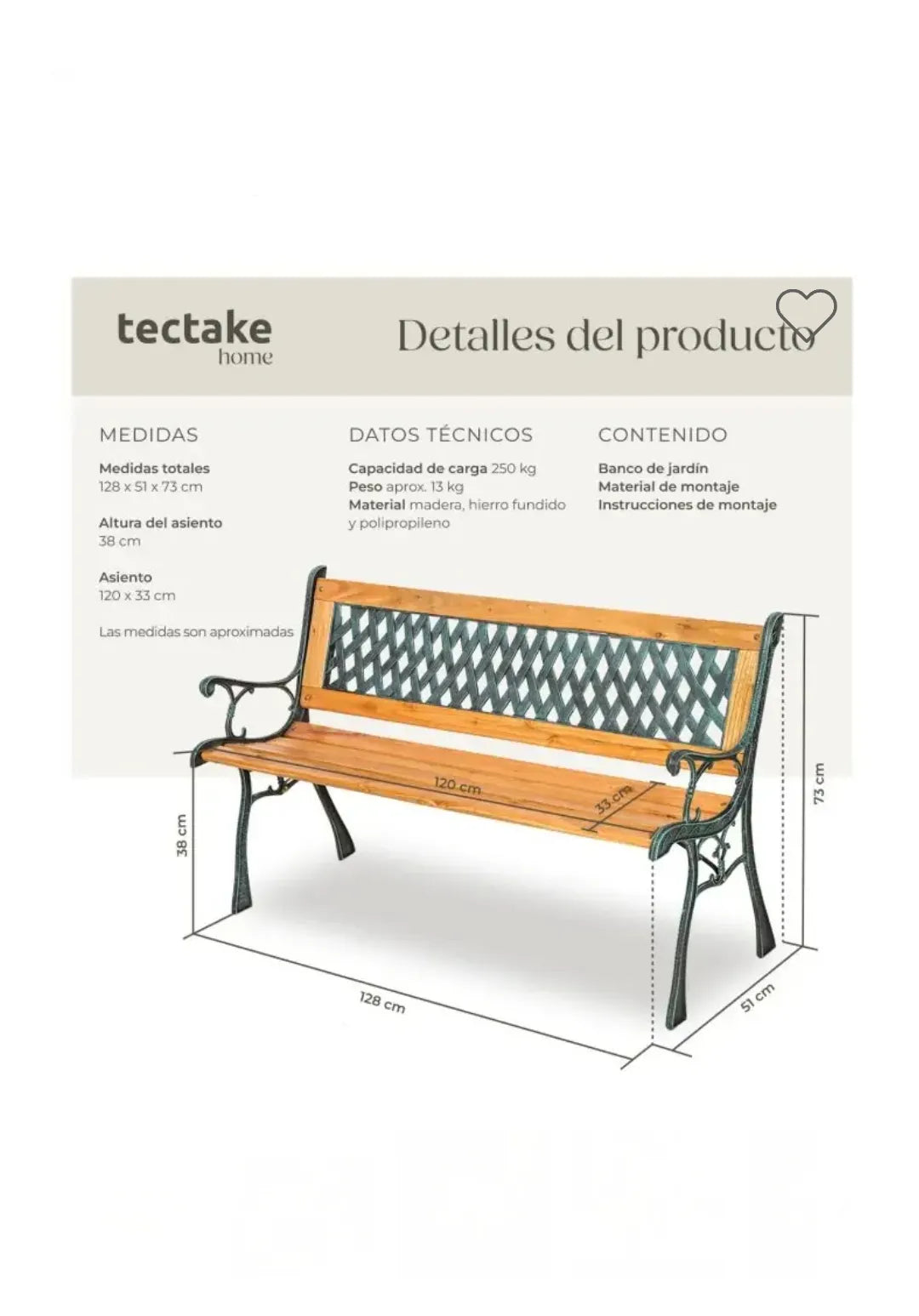 Banco de Jardín Exterior, Madera Lacada y Hierro