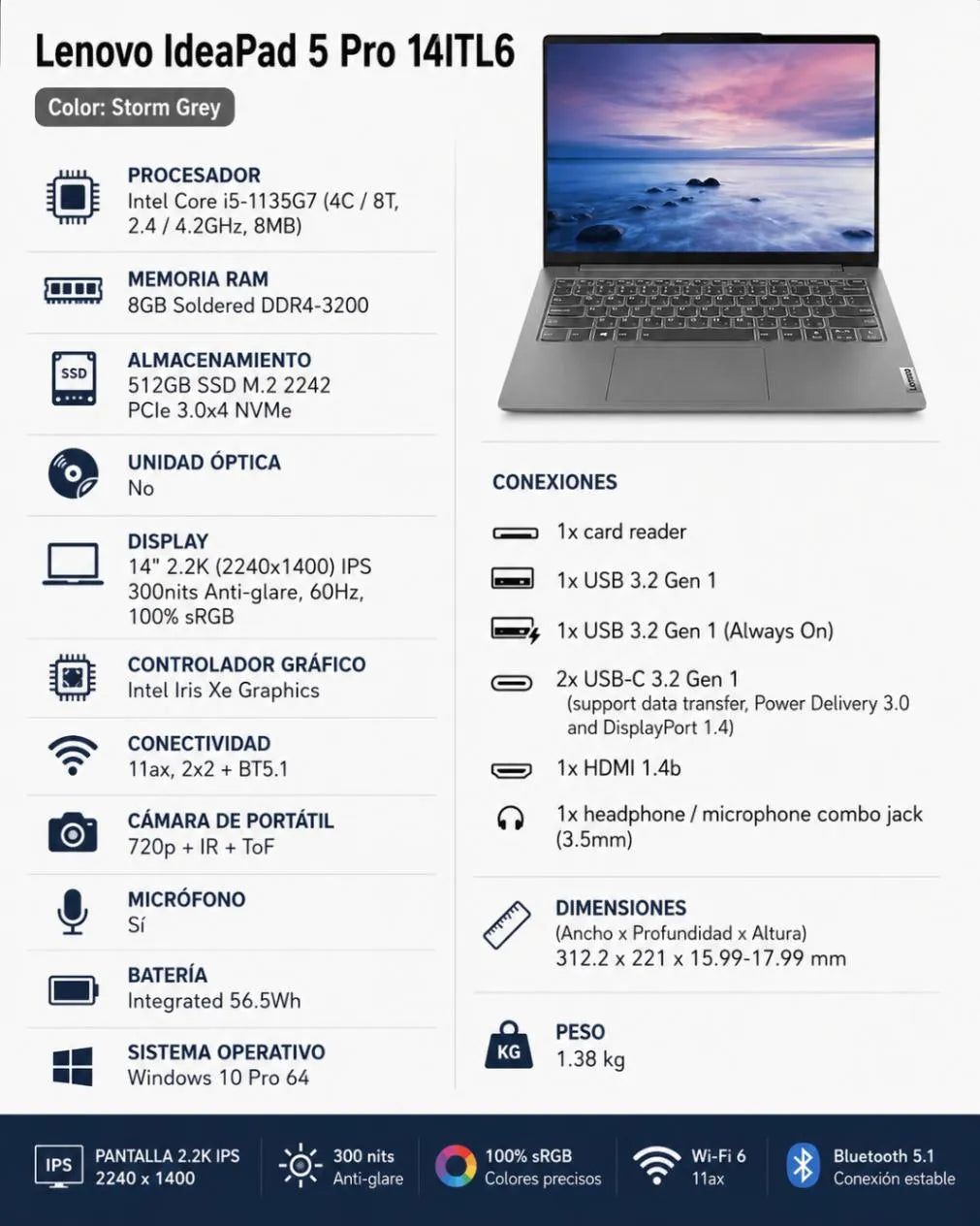 Portátil Lenovo IdeaPad 5 Pro 14ITL6 Intel Core i5-1135G7/8GB/512GB SSD/14"