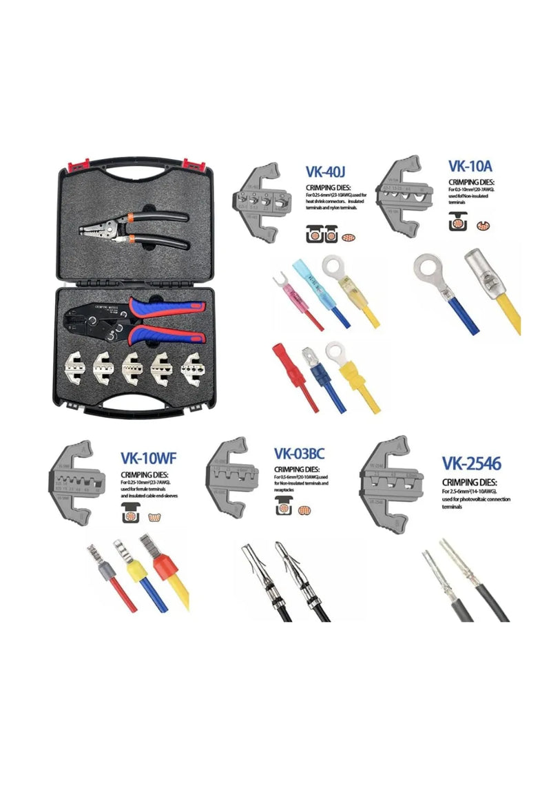 Kit de herramientas de crimpado de cambio rápido con caja, pelacables de trinquete multifunción