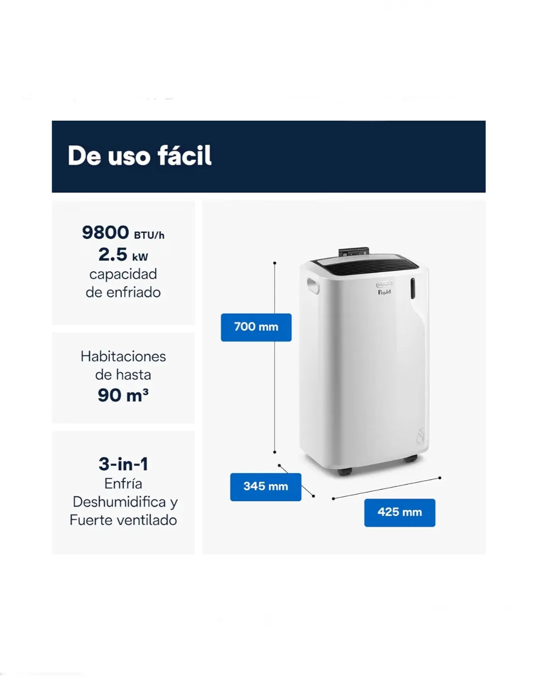Acondicionado Portátil 9.800 BTU/h, 2.5 kW, hasta 85m³