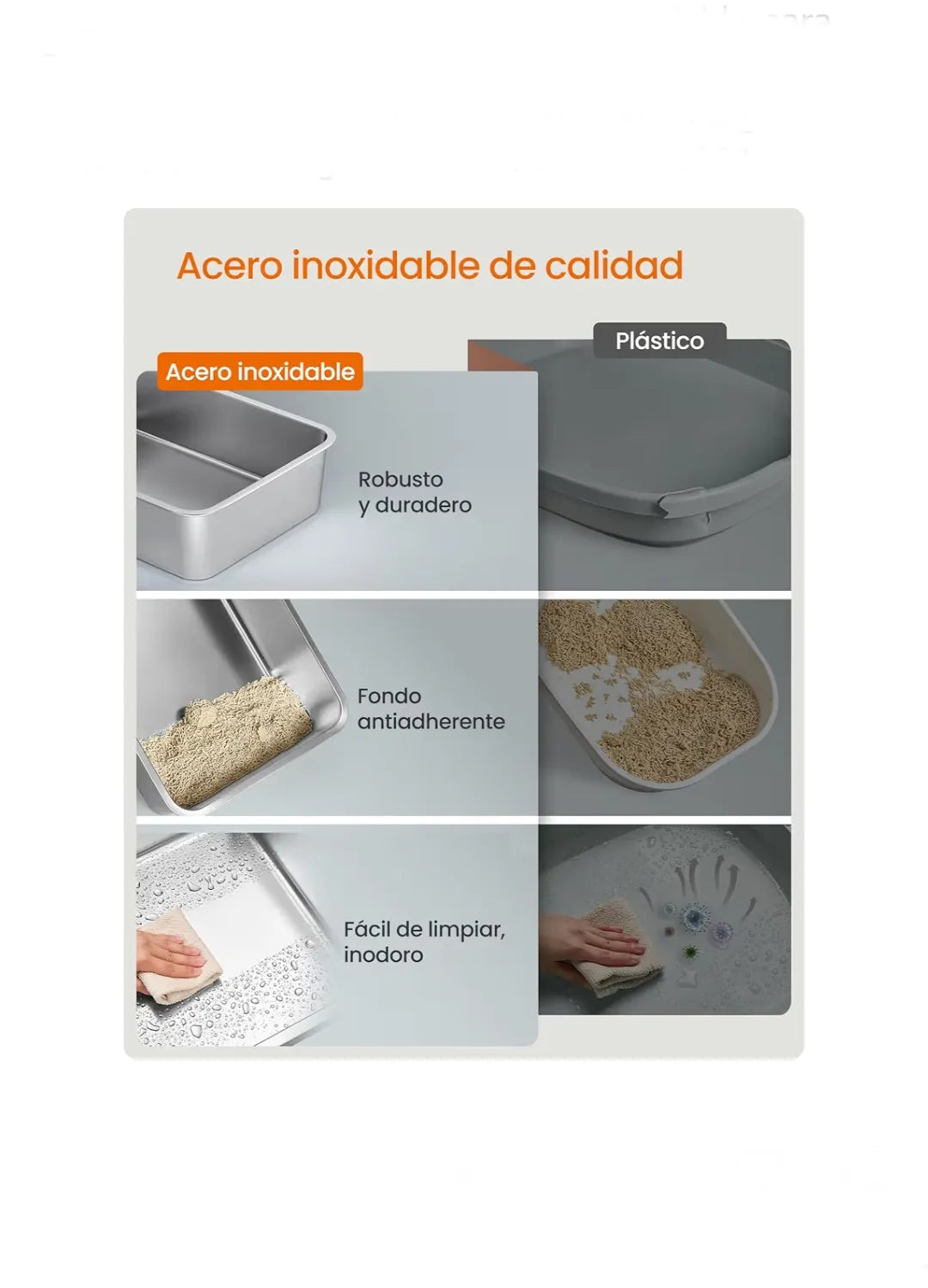 Caja de Arena de Acero Inoxidable para Gatos con Tapa Abatible