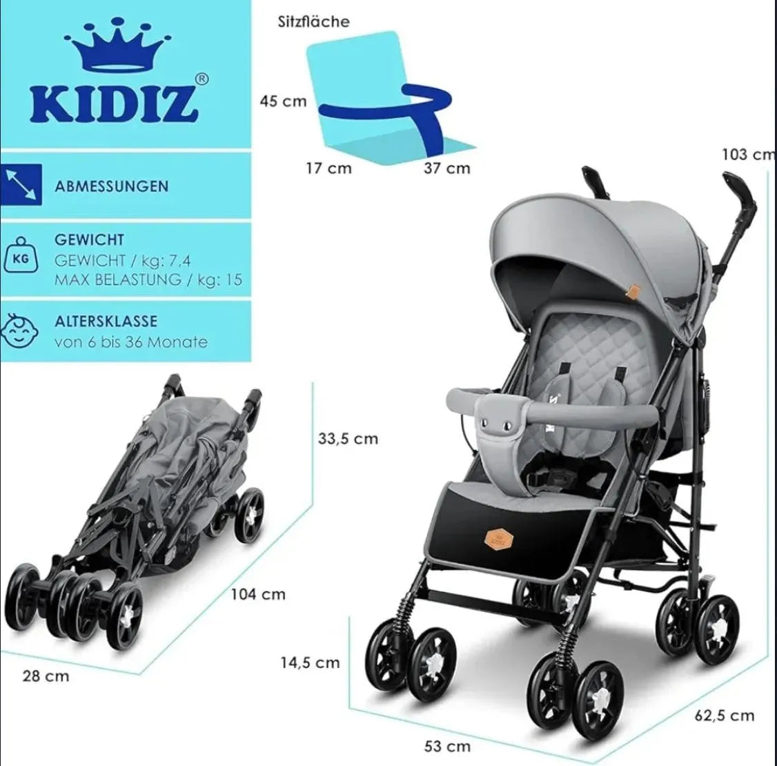 Silla de Paseo KIDIZ Plegable Reclinable con Saco y Mosquitera
