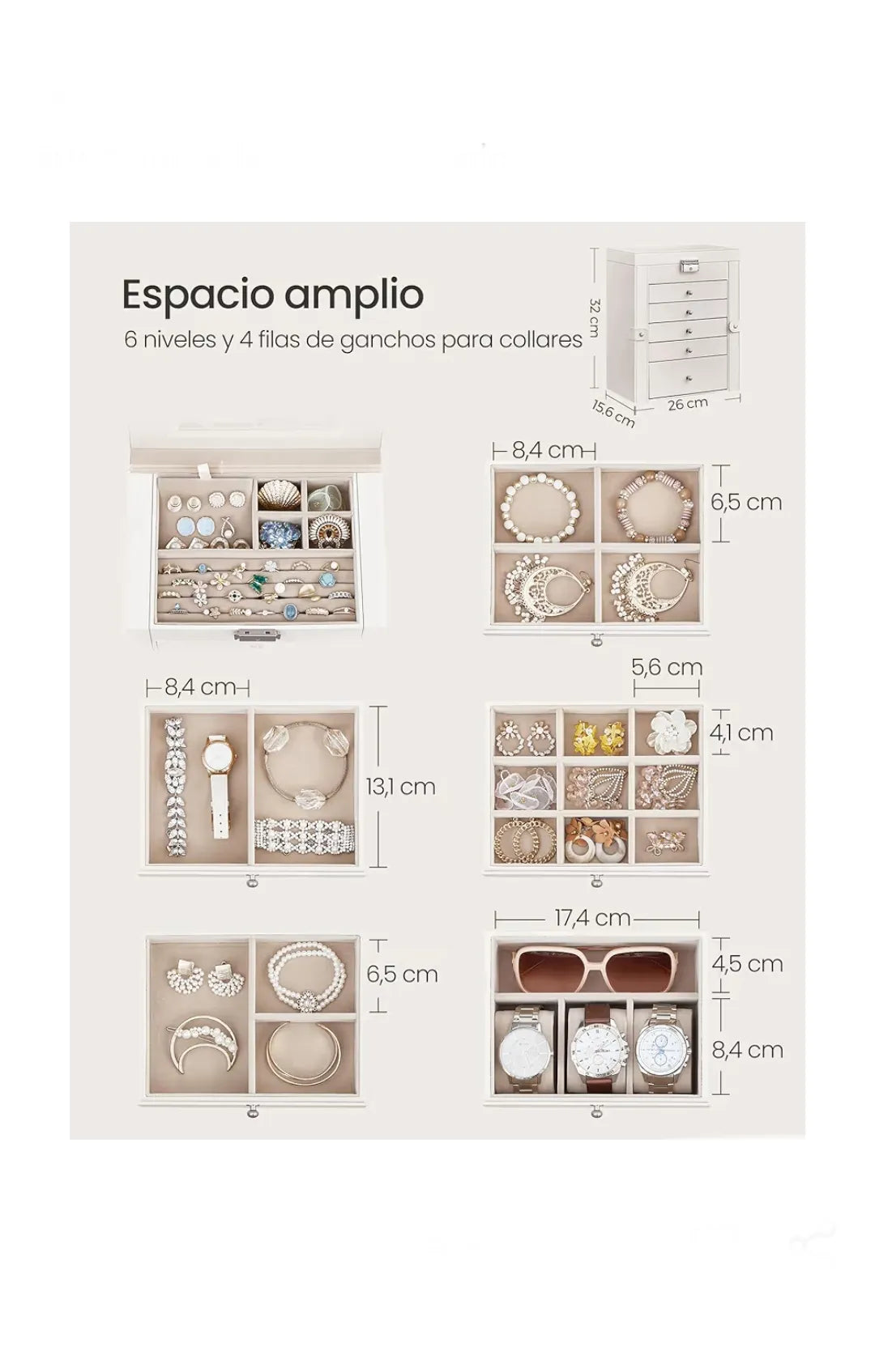 Caja Joyero de 6 Niveles, Caja para Joyas con 5 Cajones
