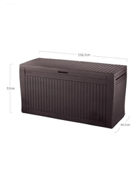 Keter Comfy – Baúl de almacenamiento para exteriores, capacidad 270 L, resina, marrón, jardín y terraza, 44,7 x 116,5 x 57 cm