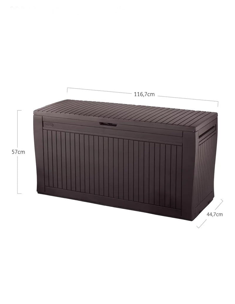 Keter Comfy – Baúl de almacenamiento para exteriores, capacidad 270 L, resina, marrón, jardín y terraza, 44,7 x 116,5 x 57 cm