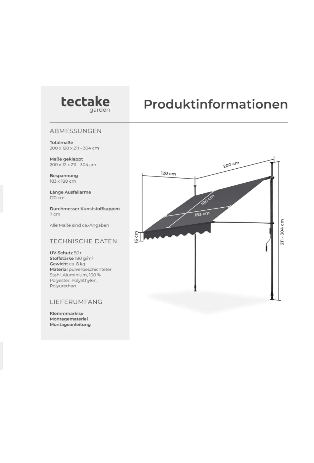 Toldo con manivela y sistema de fijación mediante abrazaderas 200cm