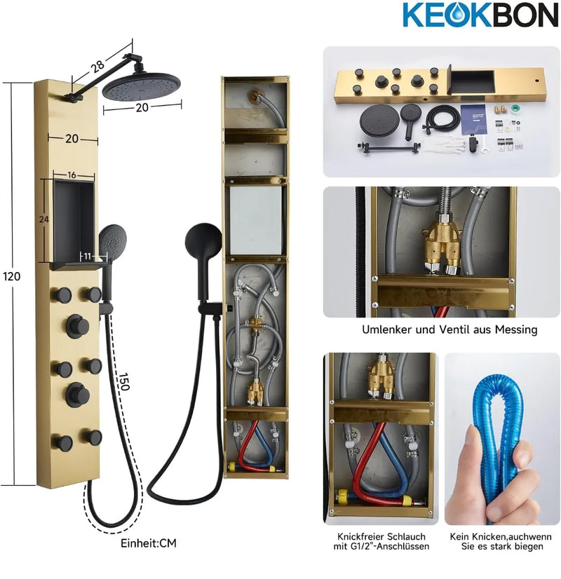 Panel de ducha dorado 3 en 1 con estante - Keokbon
