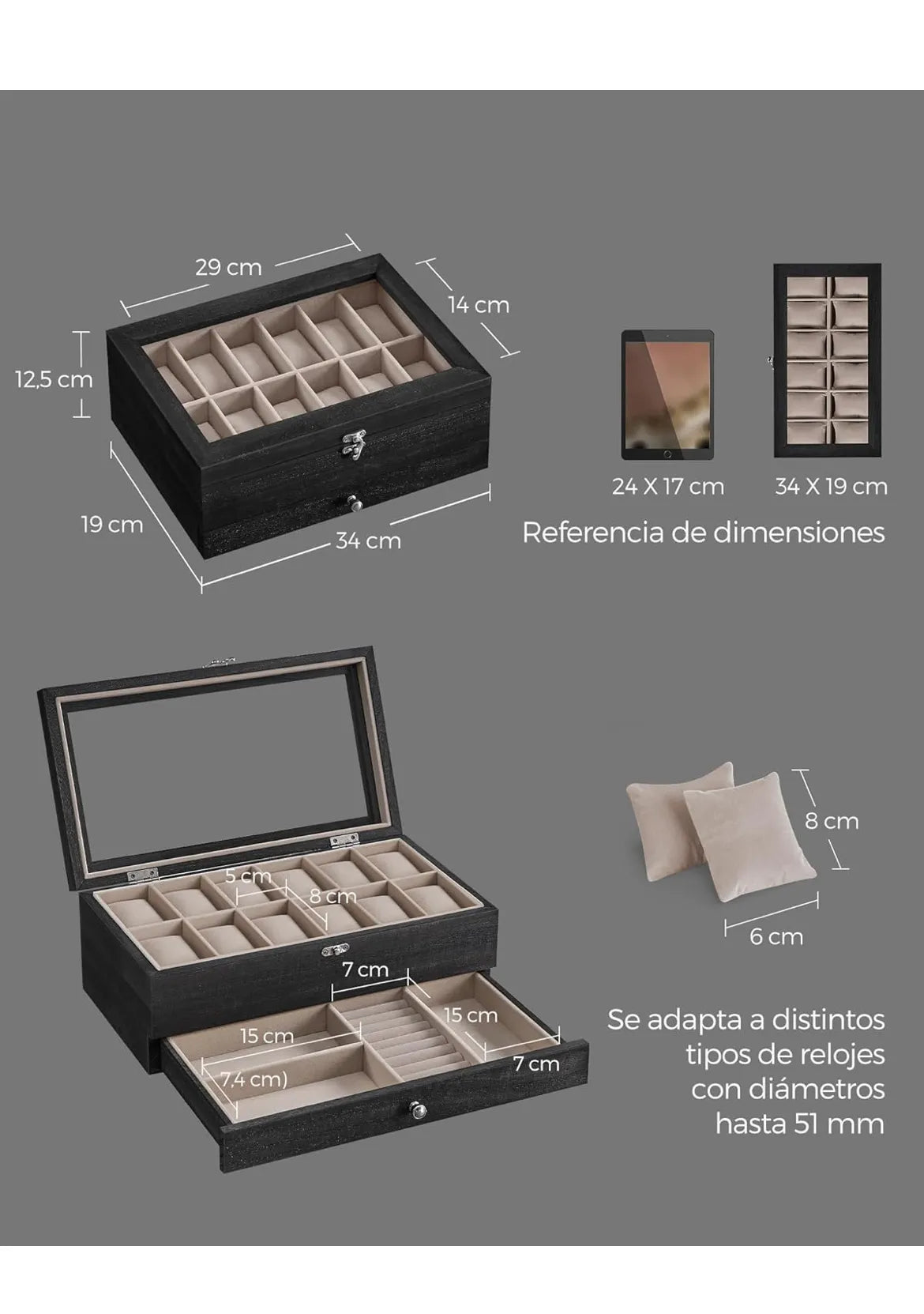 Caja de Relojes con 12 Espacios SONGMICS