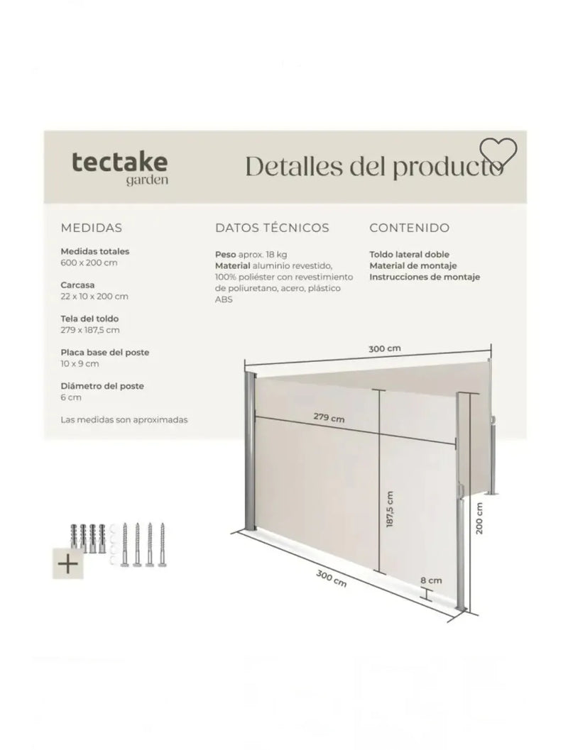 Toldo doble lateral de aluminio 2x6m