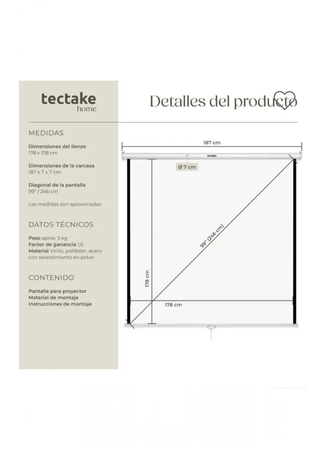 Pantalla de proyección para proyector 178 x 178 cm