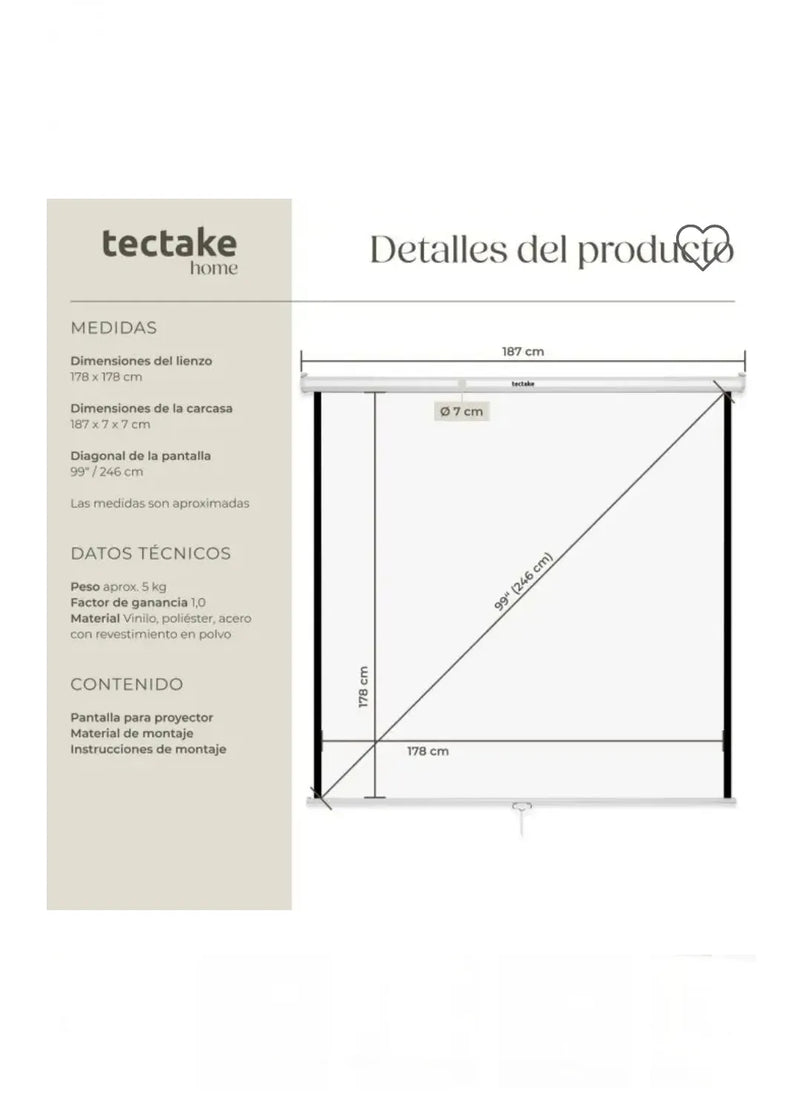 Pantalla de proyección para proyector 178 x 178 cm
