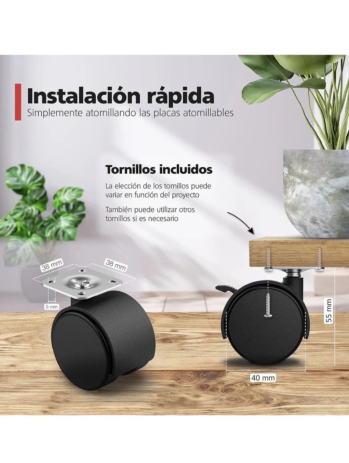 Juego de 4 Ruedas para muebles de 40 mm