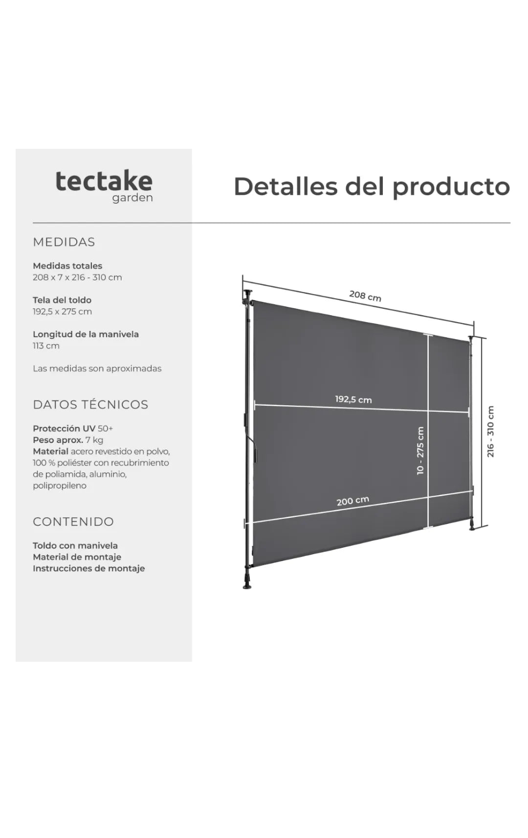 Toldo Vertical Exterior con Manivela 200cm