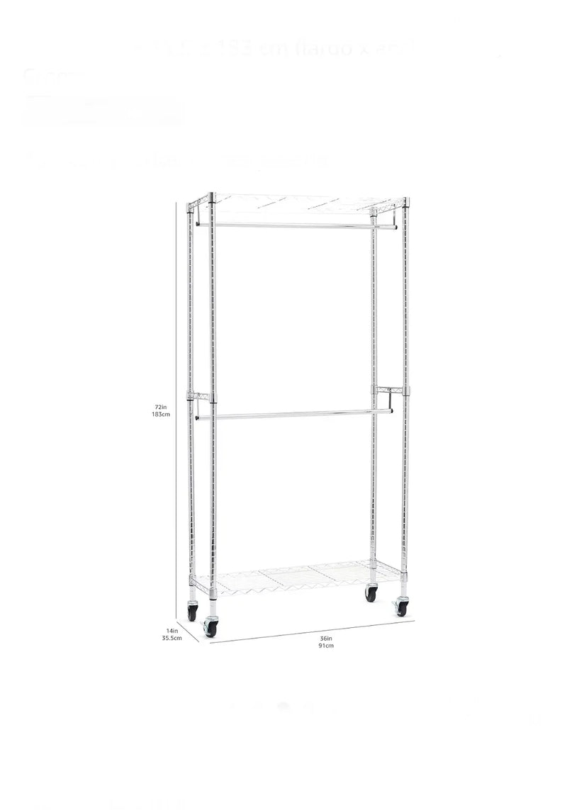 Perchero de ropa de doble barra con ruedas, 91 x 35,5 x 183 cm