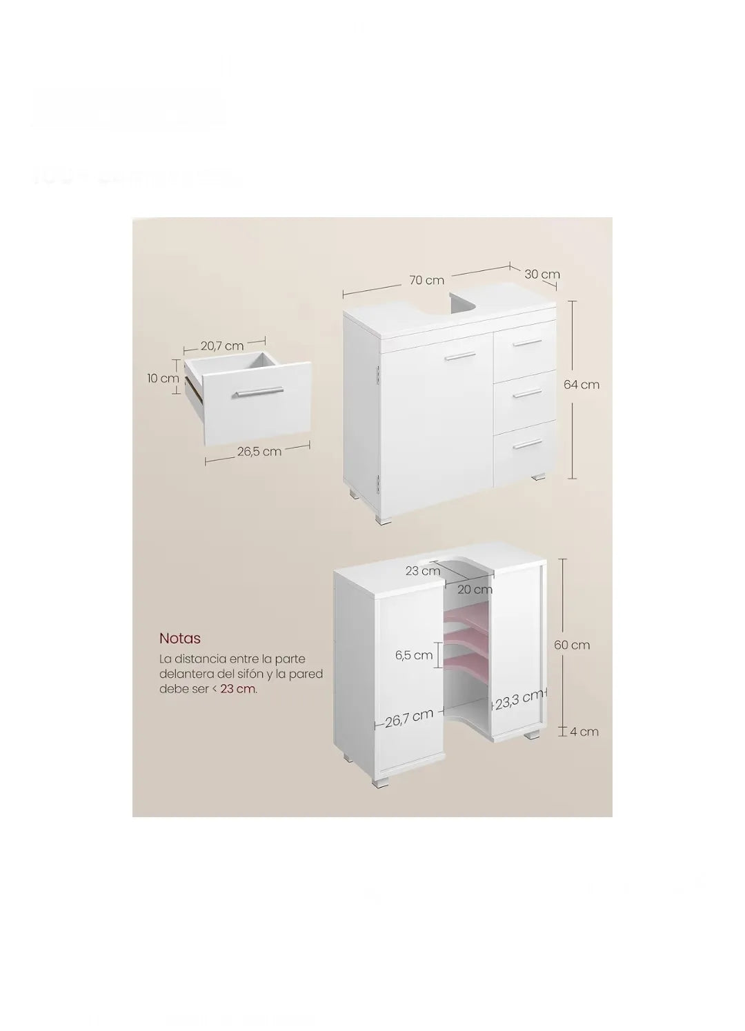 Mueble Bajo Lavabo, Armario de Baño, 3 Cajones, 2 Compartimentos